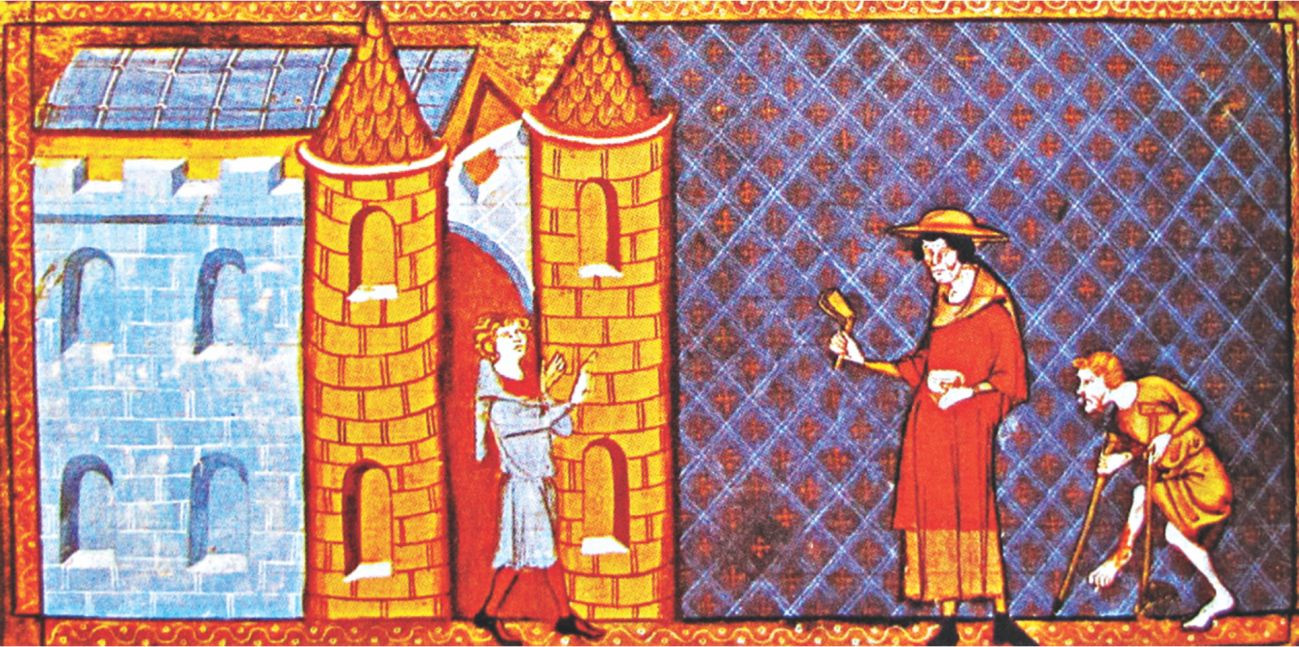 14th Century illumination depicting two lepers barred entry to town, one using crutches.